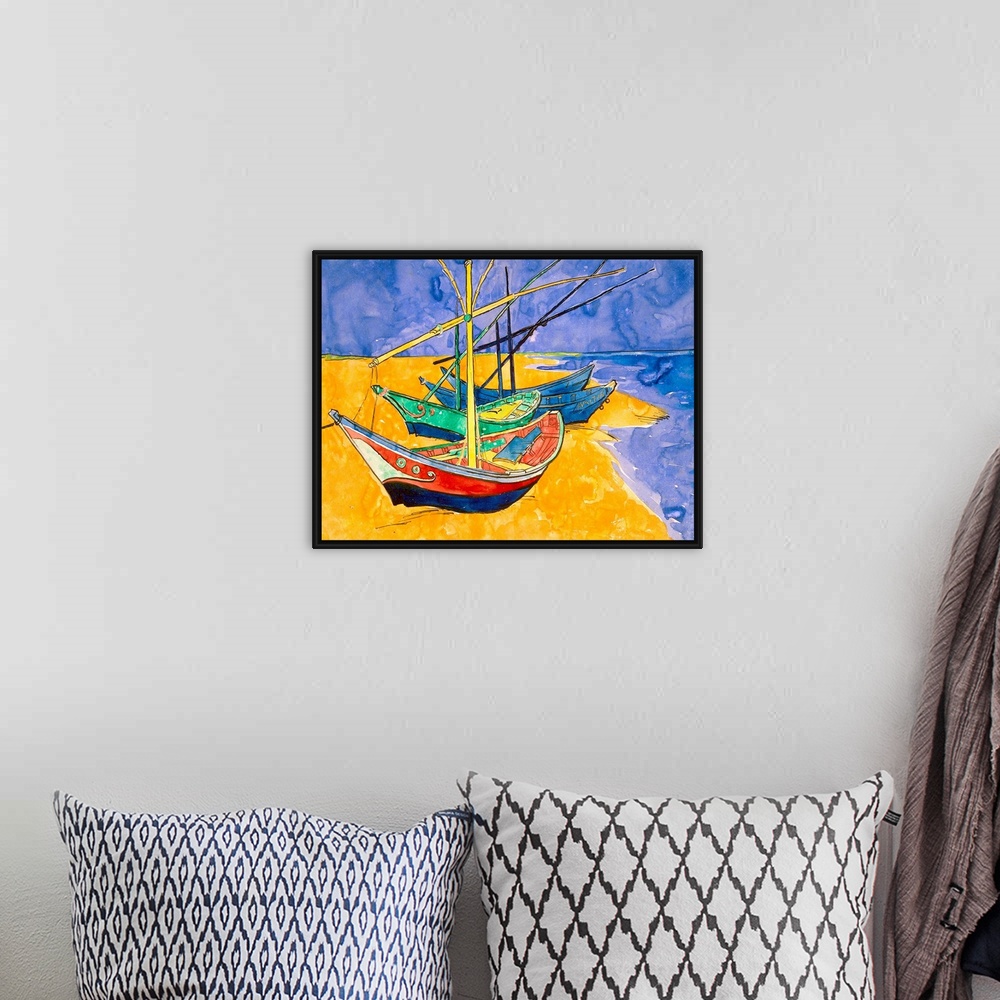 A bohemian room featuring This Impressionist painting uses flat colors and line art show sail boats pulled up on the shore.