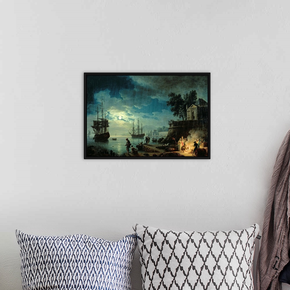 A bohemian room featuring Oil painting of ships coming into a port at night with the ocean illuminated in moon light and pe...