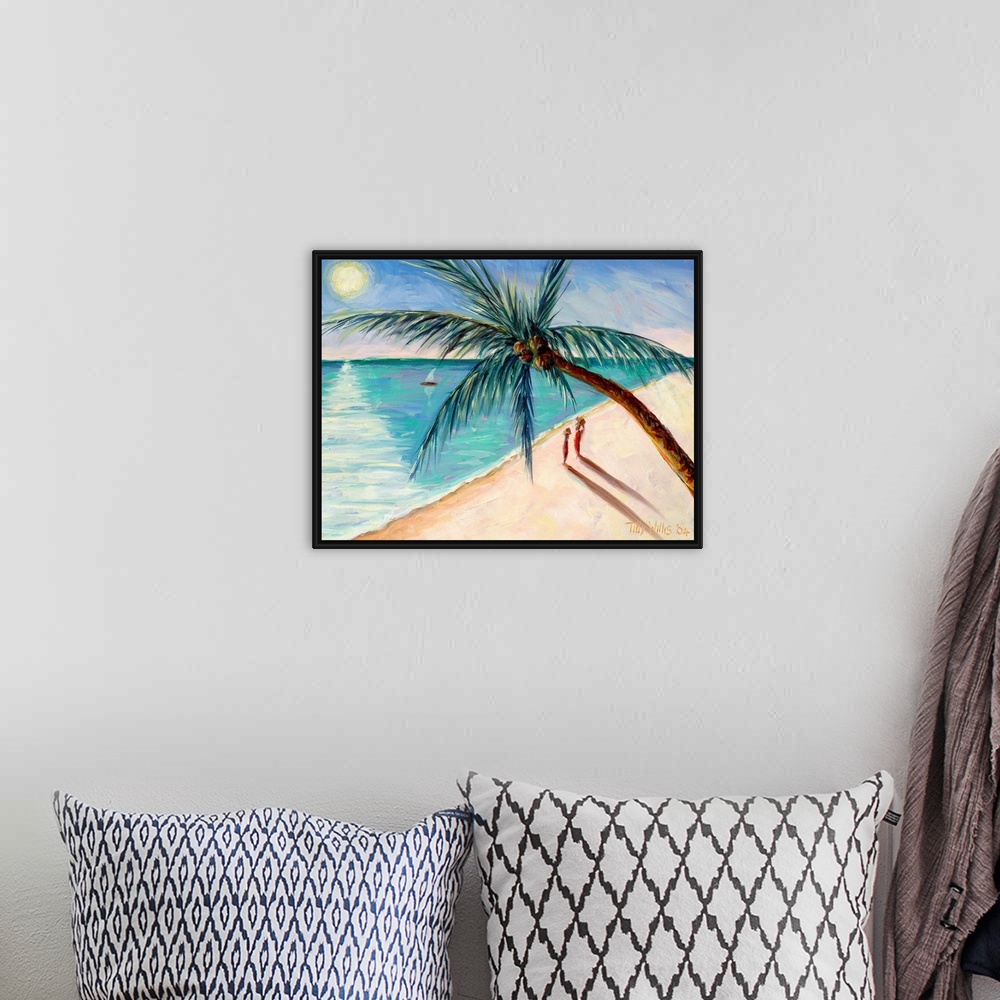 A bohemian room featuring Contemporary painting of a tropical beach scene with figures and sail boat watching the sun setting.