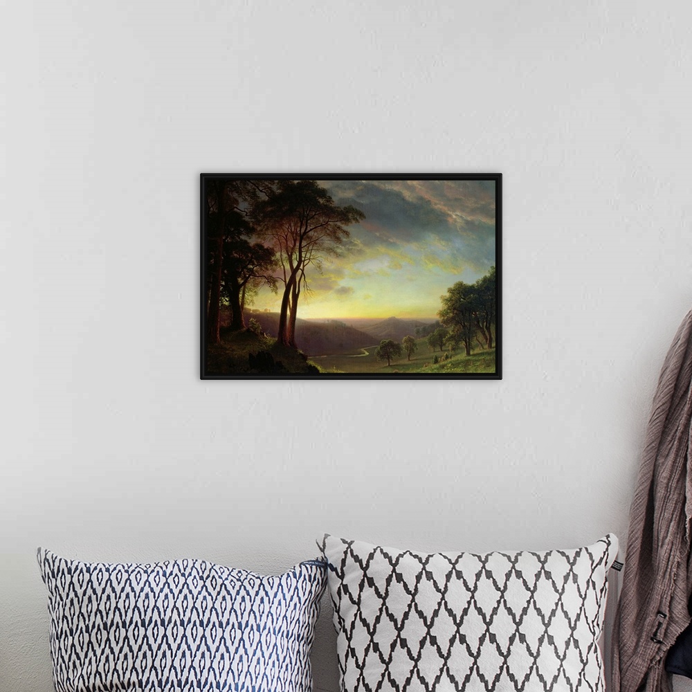 A bohemian room featuring Classic oil painting of the countryside of the Sacramento river valley at sunset.
