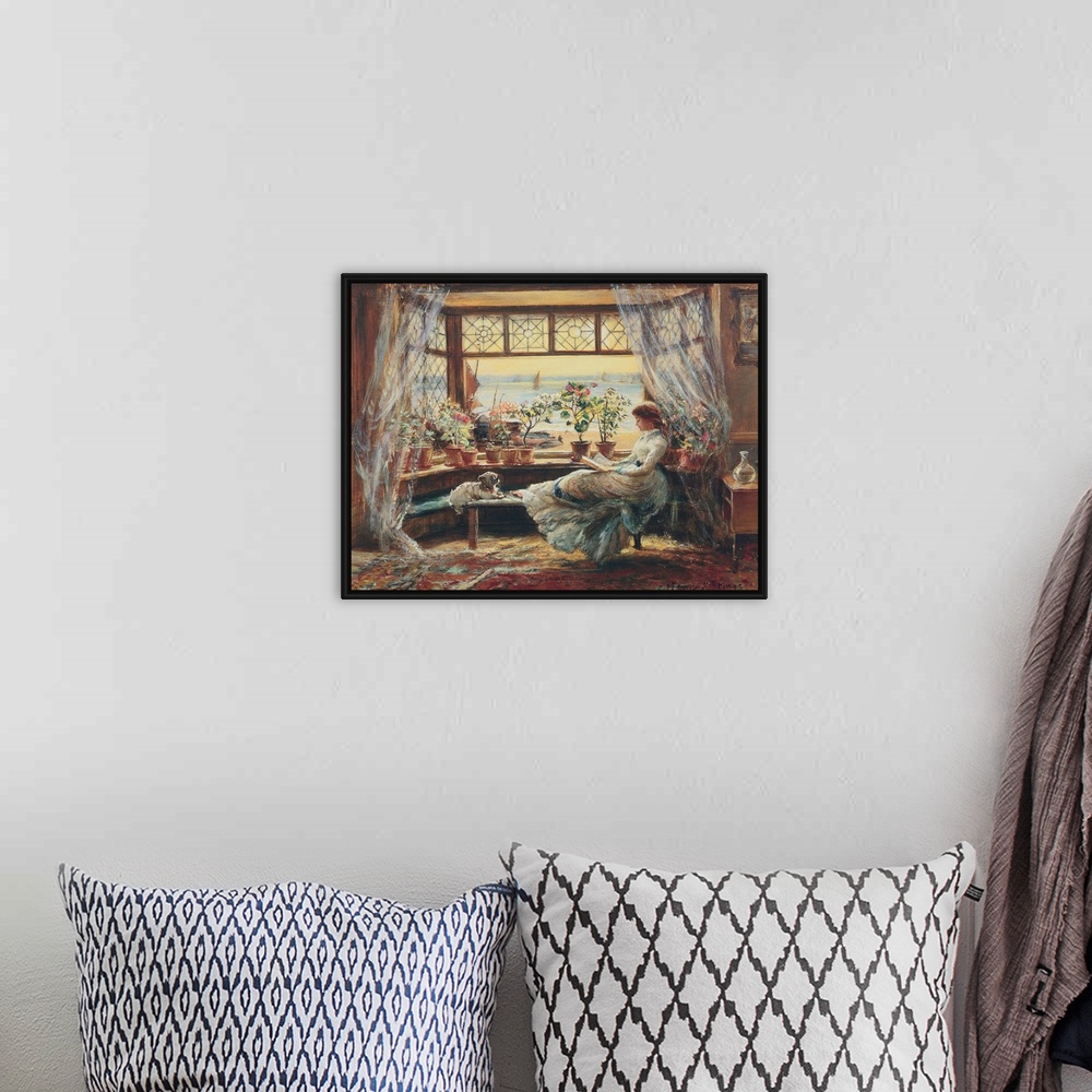 A bohemian room featuring Classic painting of a woman reading at a bay window with her dog.