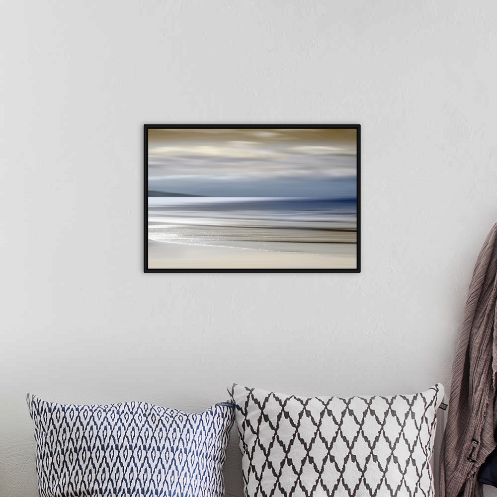 A bohemian room featuring Defocused sunset sky and ocean nature background with blurred panning motion.