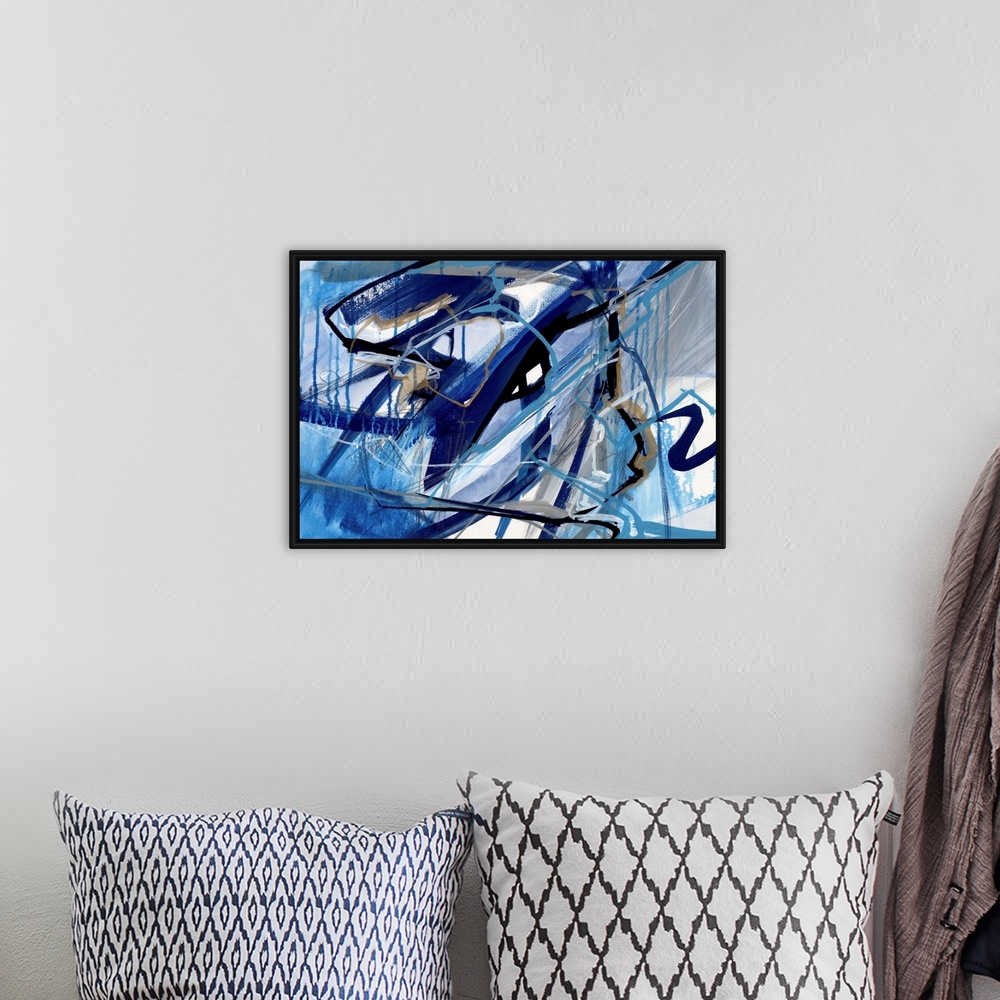 A bohemian room featuring A contemporary abstract painting of a web made up of blue tones.
