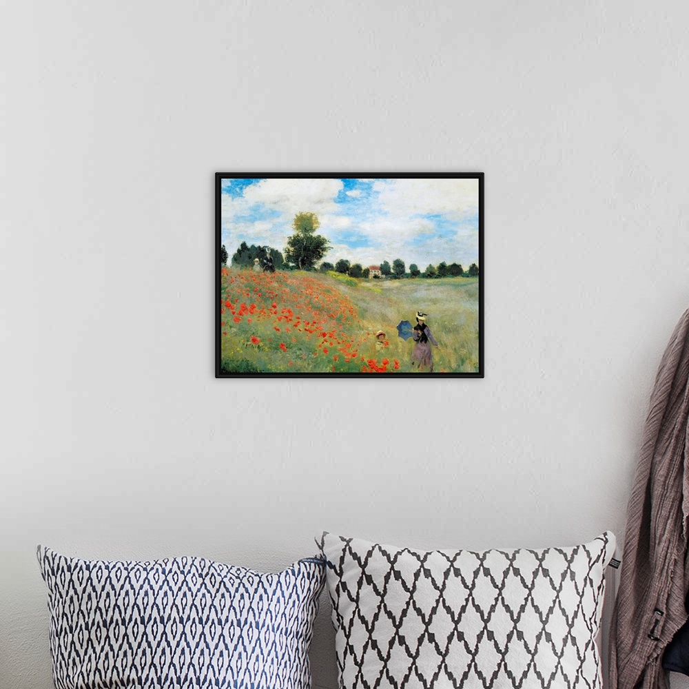 A bohemian room featuring Impressionist painting by Claude Monet of a woman and child in a field of flowers.