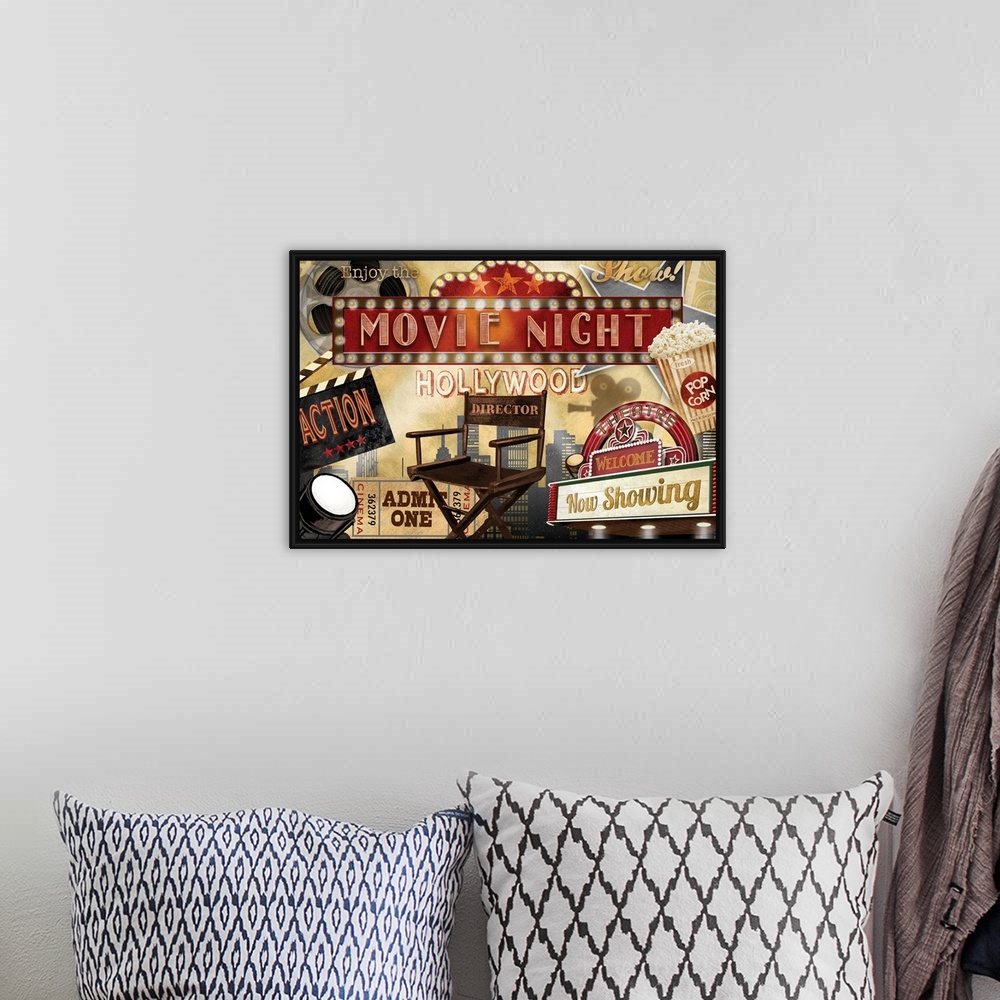 A bohemian room featuring A collage of movie theater themed graphic elements featuring a director's chair, popcorn and othe...