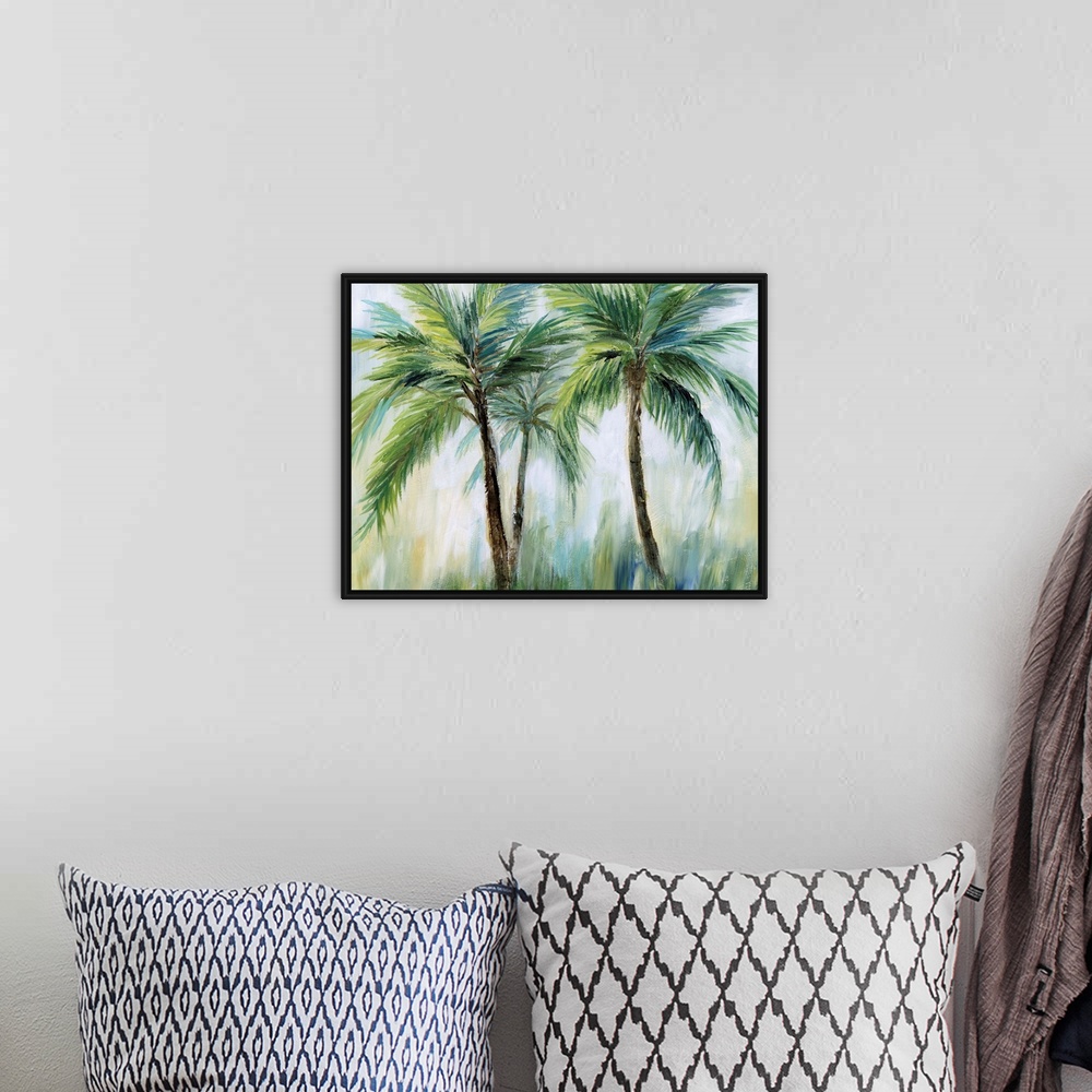 A bohemian room featuring Large palm tree landscape painting in shades of blue, green, yellow, and white.