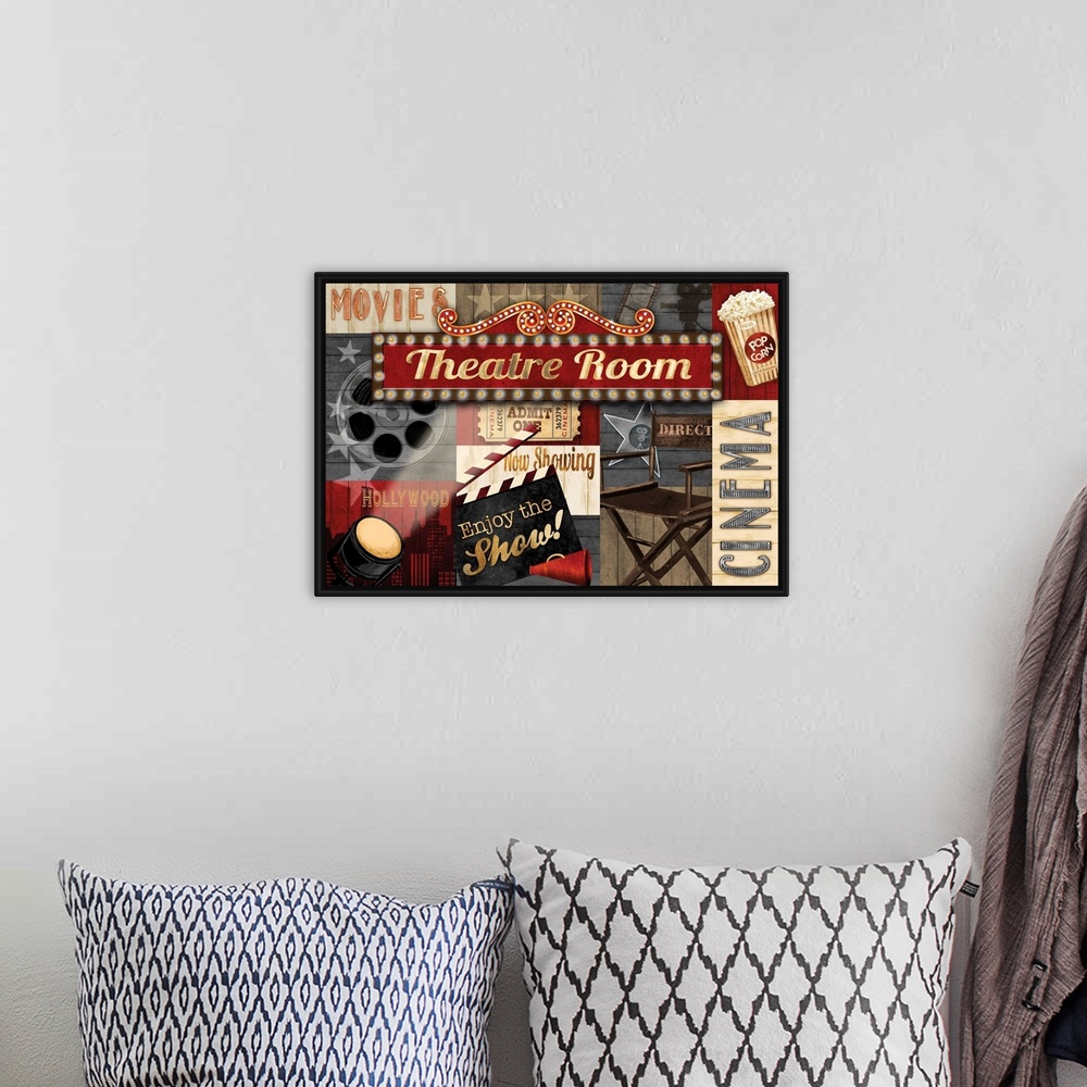 A bohemian room featuring A collage of movie theater themed graphic elements featuring a director's clap board, film reel a...