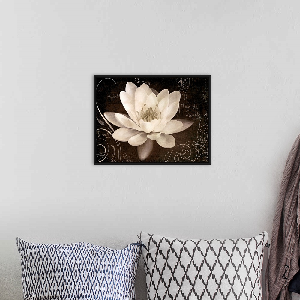 A bohemian room featuring Giant canvas art includes a close-up of a flower surrounded by a number of curved accent lines an...