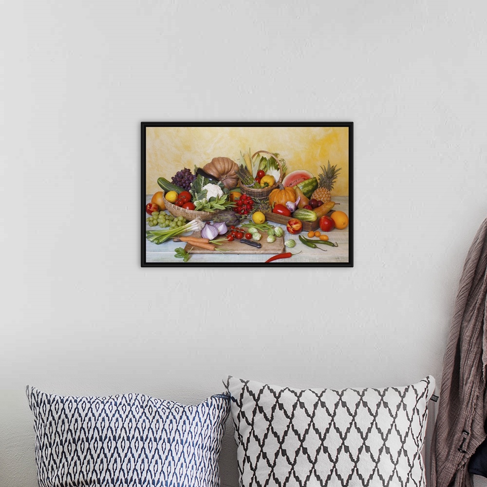 A bohemian room featuring Assorted vegetables and fruits on table