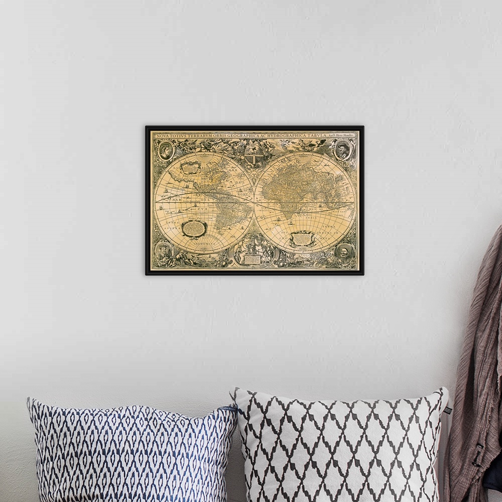 A bohemian room featuring An antique map that displays faded text and decorative drawings on the outside of two circles rep...