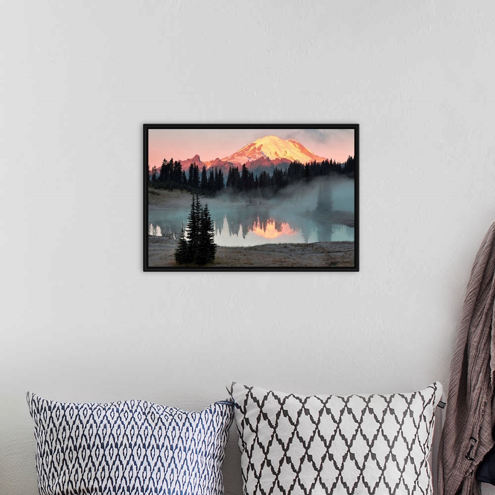 A bohemian room featuring Fine art photo of sunlight hitting the snow peak of Mount Rainier, Washington.