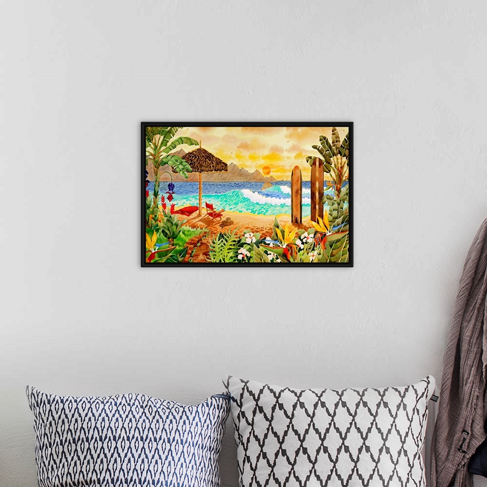 A bohemian room featuring Giant contemporary art displays a lively beach scene filled with lush vegetation and an umbrella ...