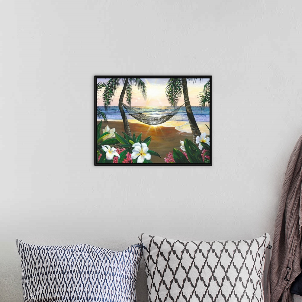 A bohemian room featuring This is a landscape painting of plumeria blossoms, a hammock hanging between two palm trees, and ...