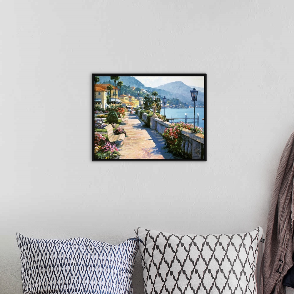 A bohemian room featuring Beautiful and romantic painting featuring a waterfront walkway in the idyllic town of Bellagio, o...