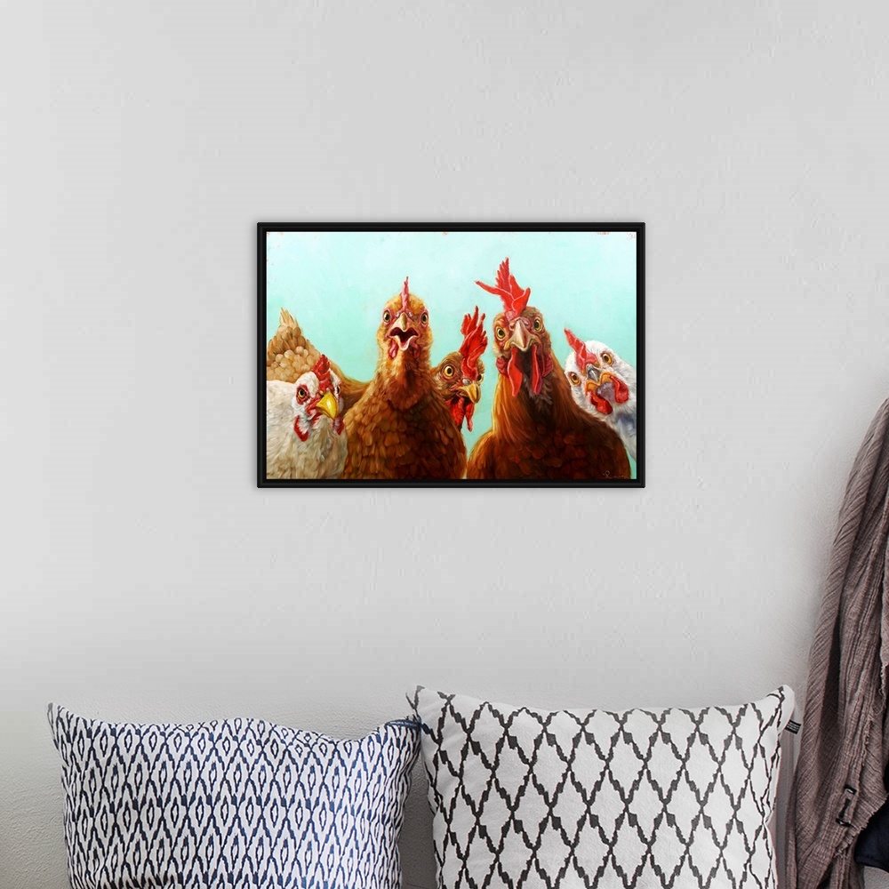 A bohemian room featuring A contemporary painting of a group of chickens peering at the viewer.