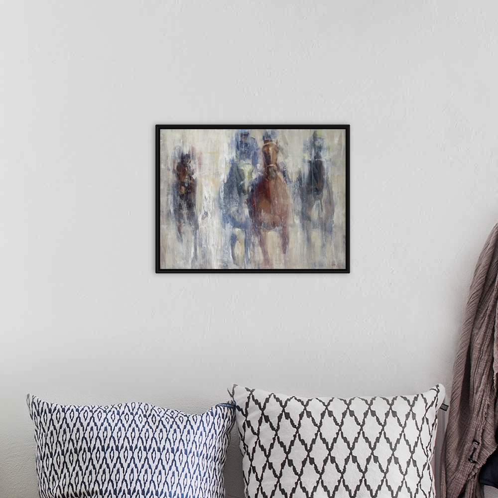 A bohemian room featuring A contemporary painting of a horse derby, with the impression of the horses advancing toward you.