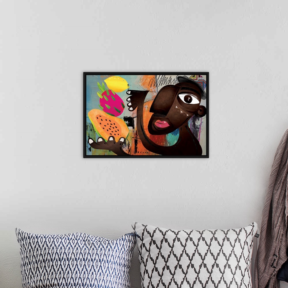 A bohemian room featuring Modern and funky image featuring a dark-skinned man juggling various tropical fruits. Colorful, f...