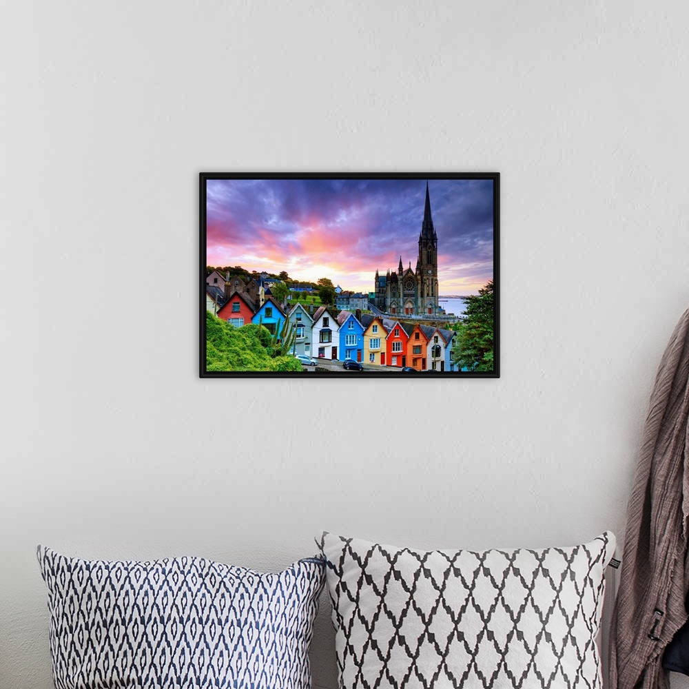 A bohemian room featuring Europe, Ireland, Cork, Cobh Cathedral at colored houses at sunrise