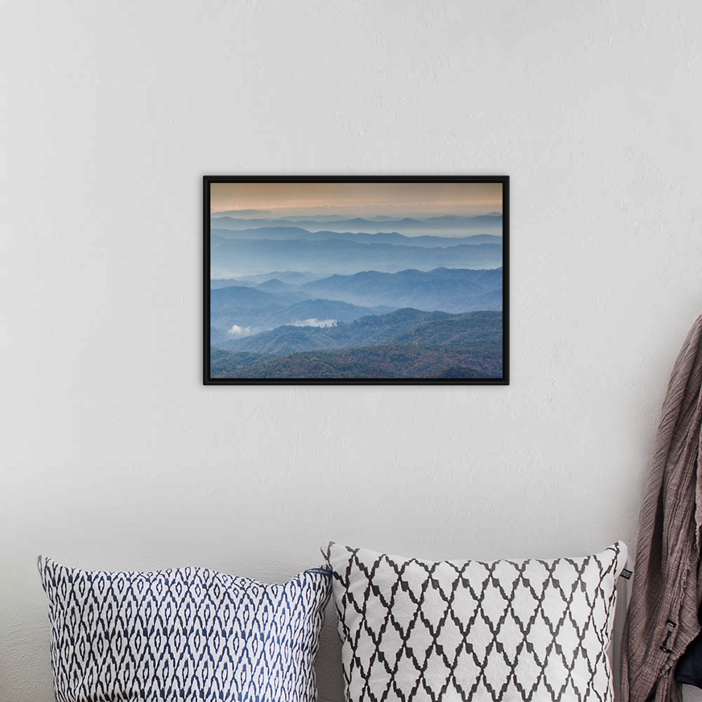 A bohemian room featuring USA, North Carolina, Grandfather Mountain State Park, view of the Blue Ridge Mountains, morning