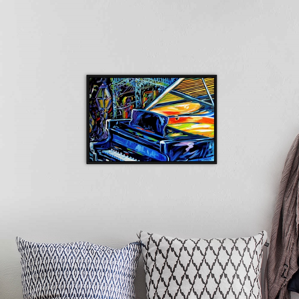 A bohemian room featuring This is a painting of a grand piano with the New Orleans jazz feeling of fun.
