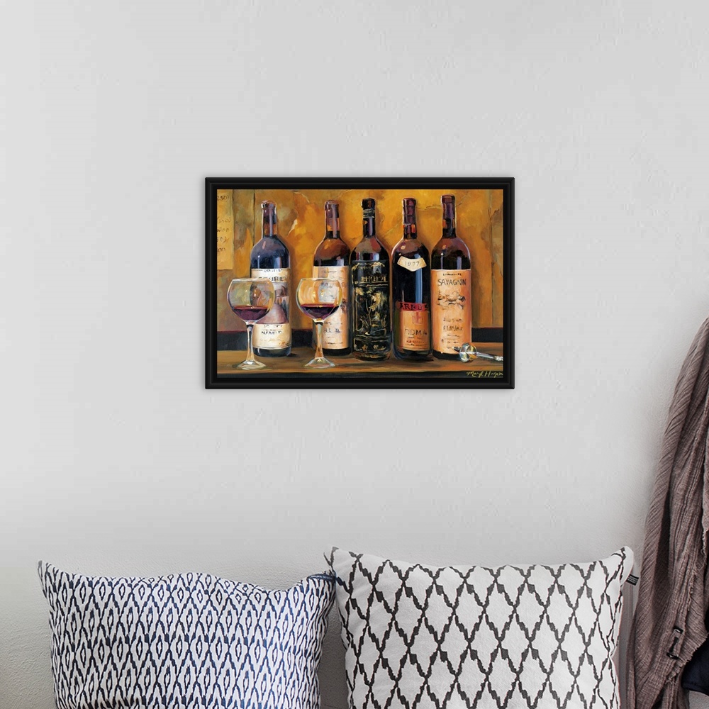 A bohemian room featuring Landscape wall painting of five bottles of red wine with two full wine glasses sitting on a count...