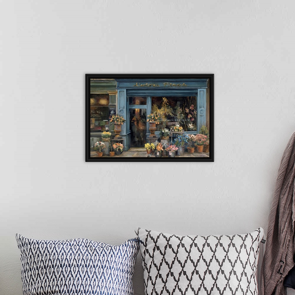 A bohemian room featuring This contemporary painting depicts a French flower shop surrounded with buckets crowded with fres...