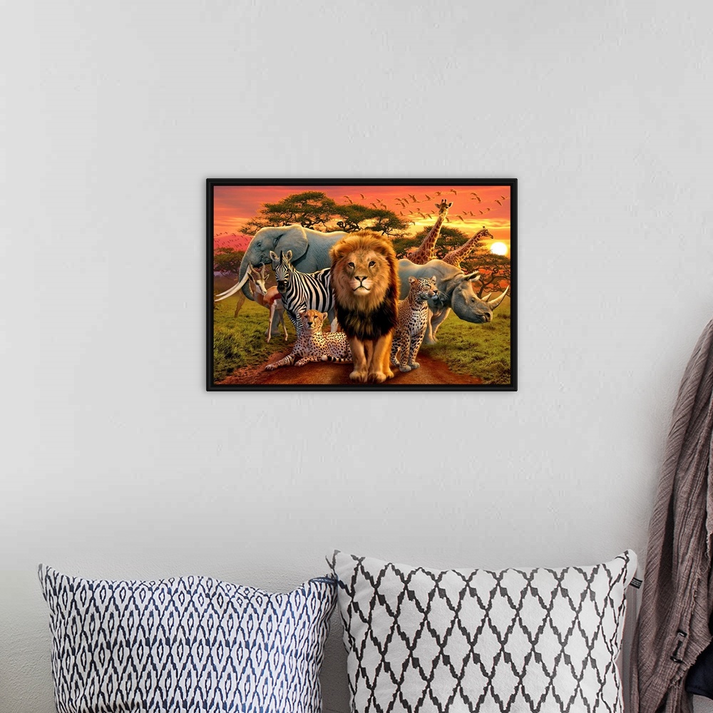 A bohemian room featuring Large illustration of a lion, zebra, elephant, rhinoceros, gazelle, cheetahs, giraffes and birds ...