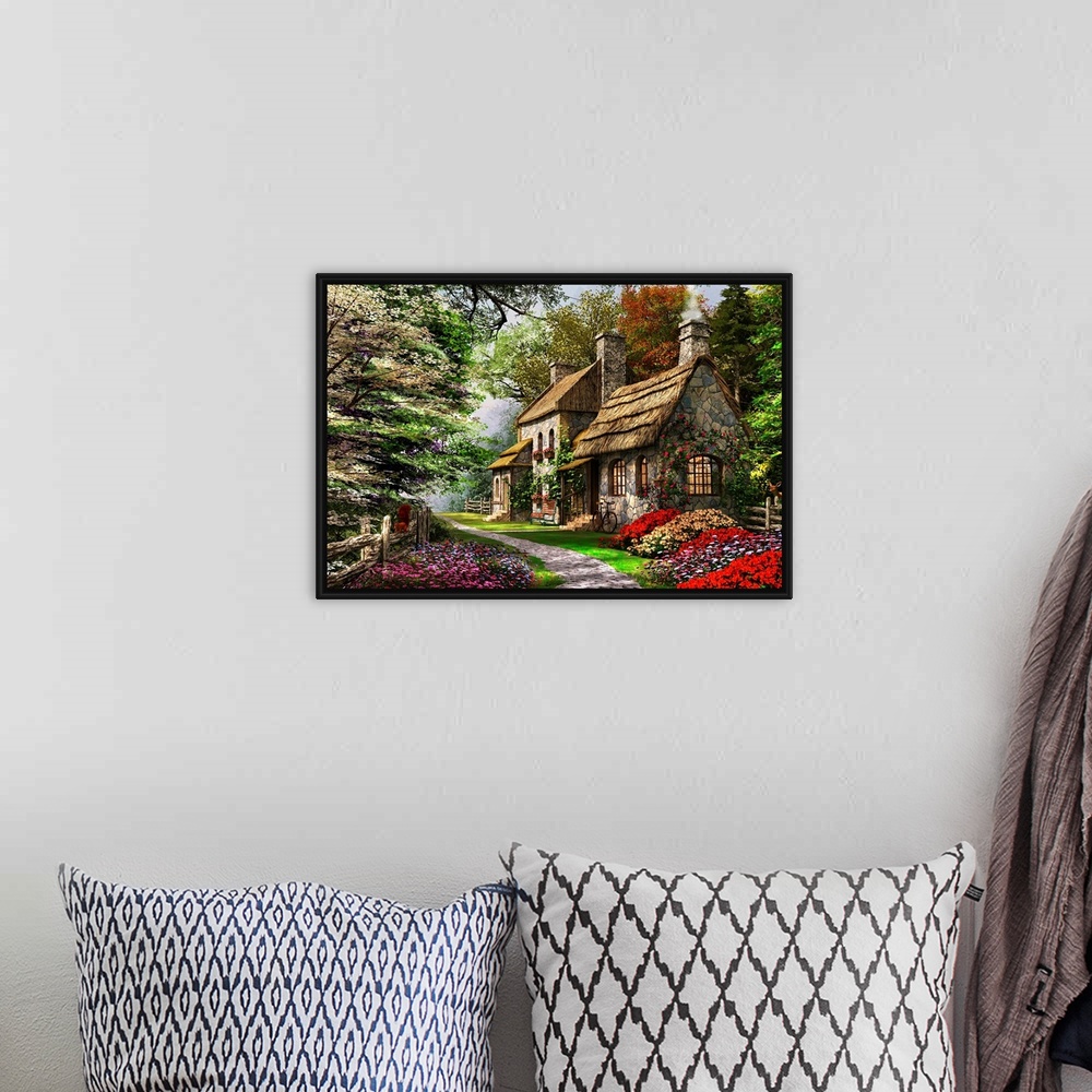 A bohemian room featuring Decorative art for the home or cabin this cozy painting of a thatched roof home in the forest sur...
