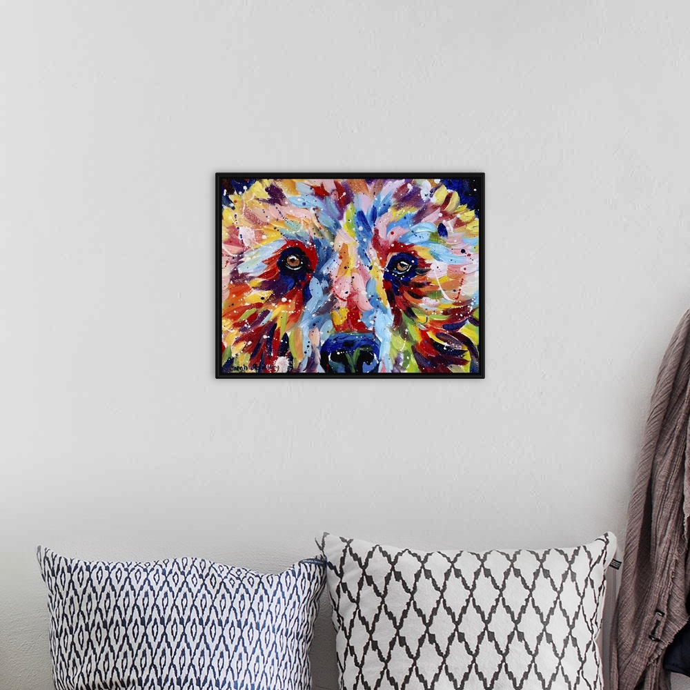 A bohemian room featuring Brown bear painted in rainbow colors in oil paints on canvas