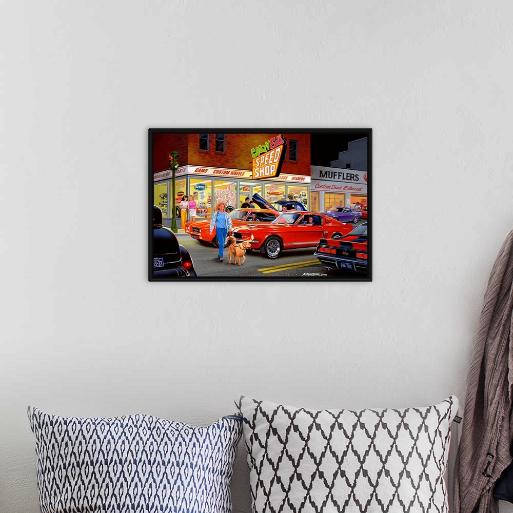 A bohemian room featuring A contemporary painting of a woman and her dog crossing a Mustang, GTO, Z-28 Camaro and a Ford Ho...