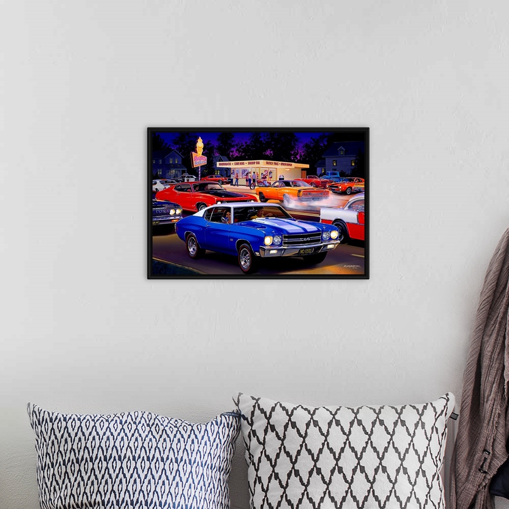 A bohemian room featuring Big automotive art portrays a group of people enjoying the treats from a local snack shack.  Fill...