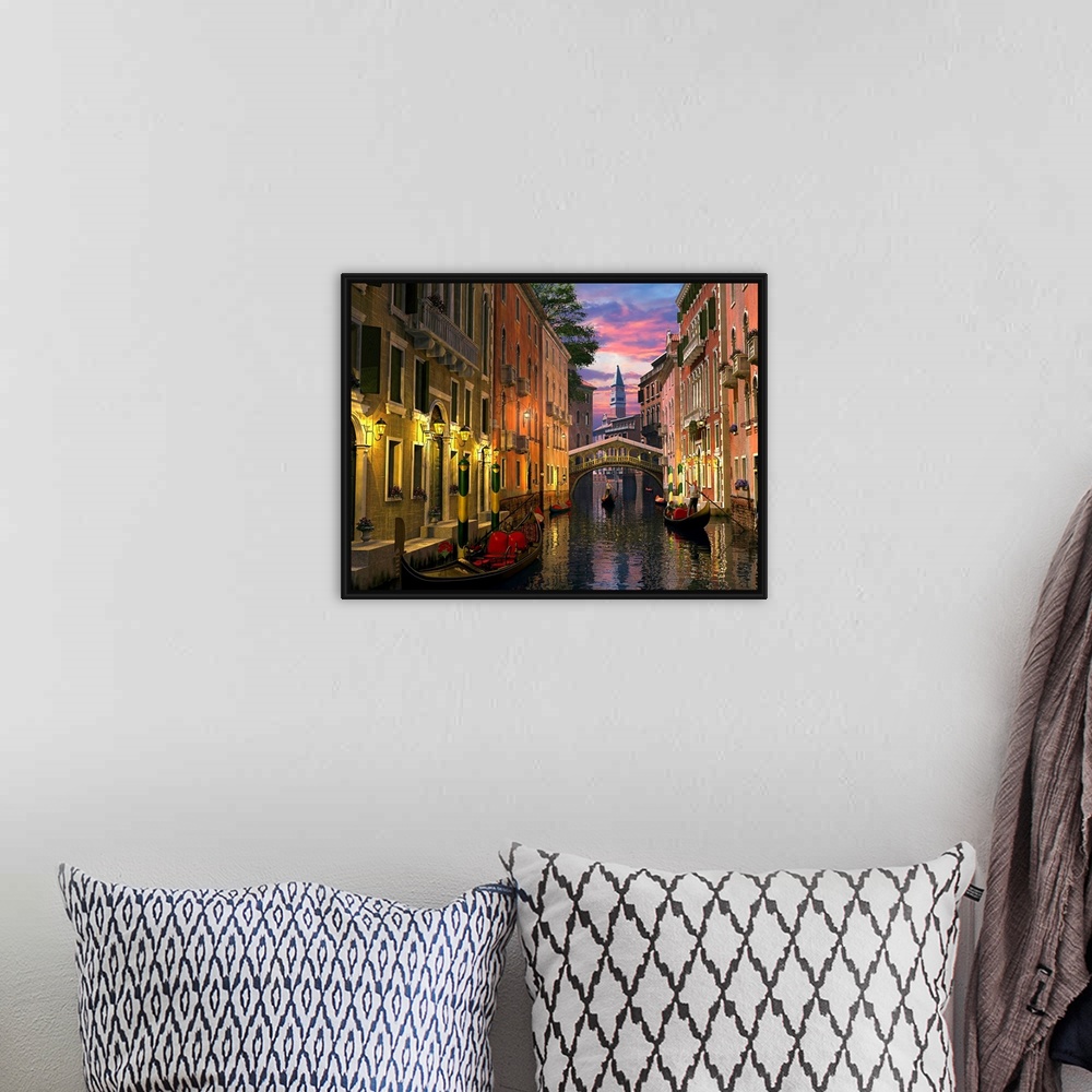 A bohemian room featuring A photograph of a quiet, historic canal filled with gondolas maneuvering in the twilight on this ...