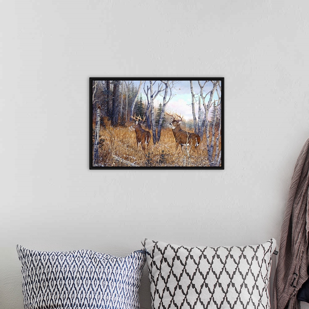 A bohemian room featuring Artwork of two deer in the woods.