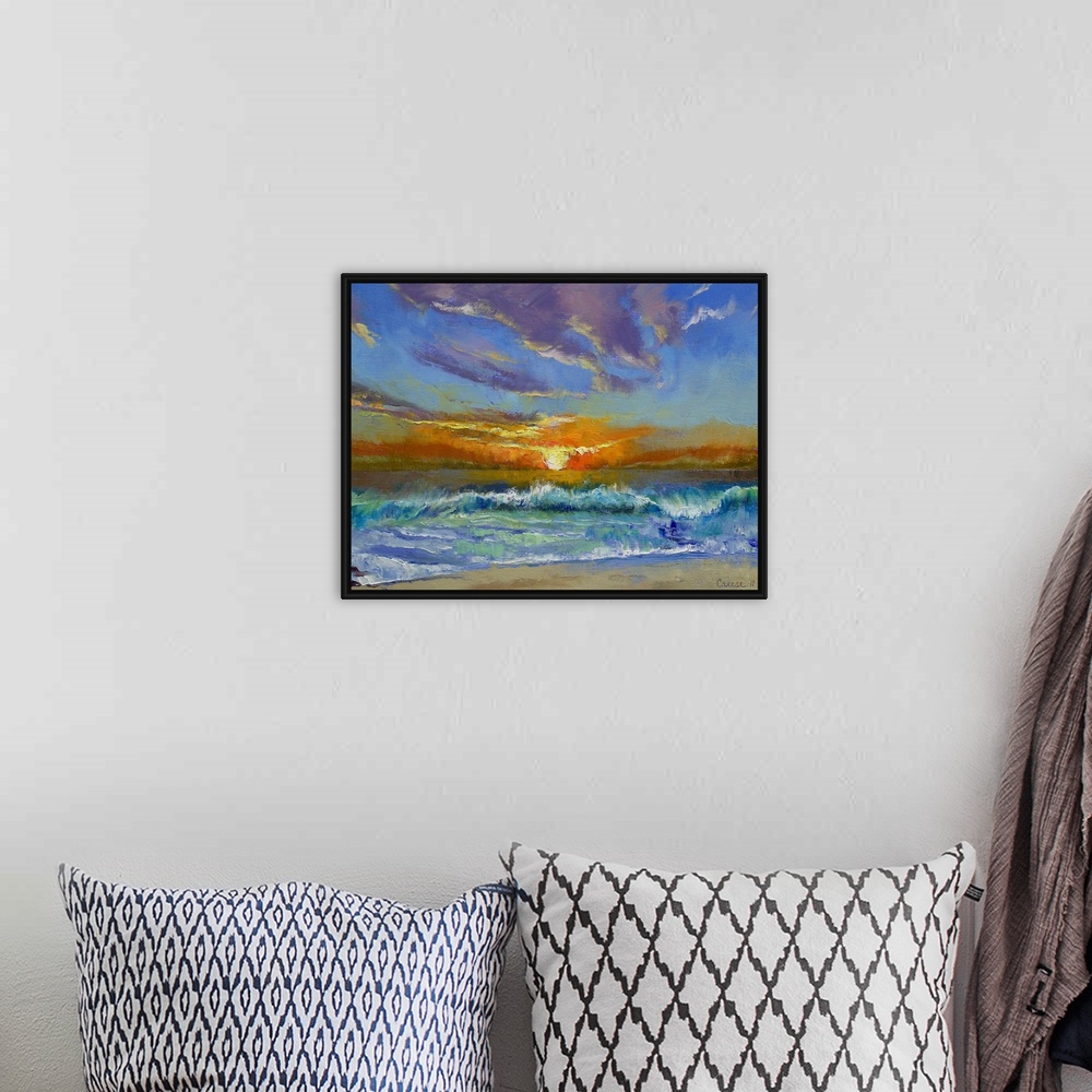 A bohemian room featuring Reproduction of an original oil painting; the sun sinks towards the horizon as waves lap the shor...
