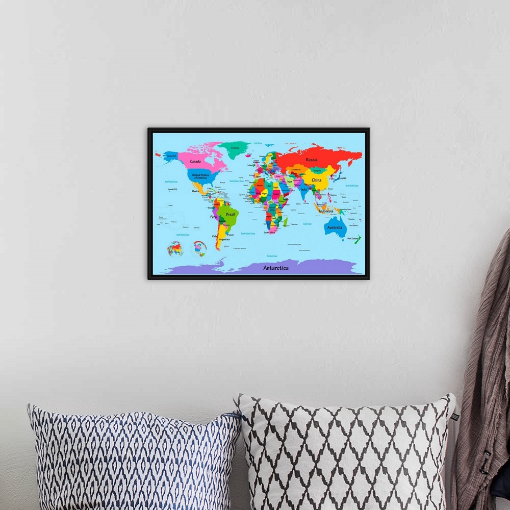 A bohemian room featuring Big illustration focuses on a map of the world.  To separate the clearly labeled countries, the a...