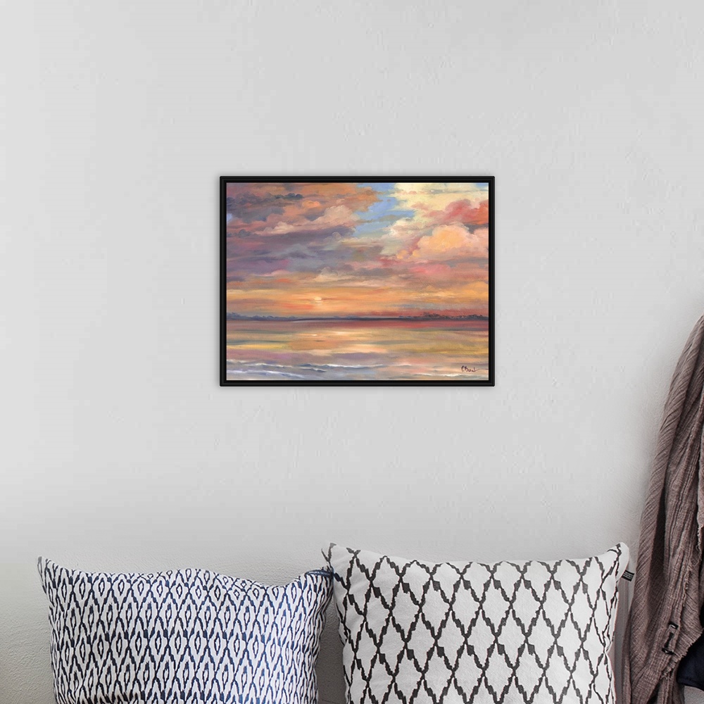 A bohemian room featuring Contemporary painting of the sunset over the ocean.