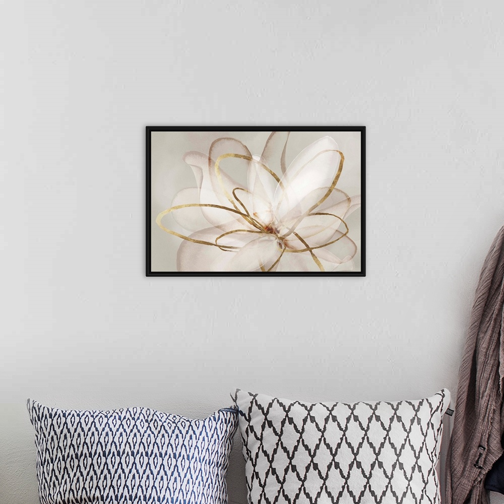 A bohemian room featuring Abstract watercolor painting of flowers with gold accents.