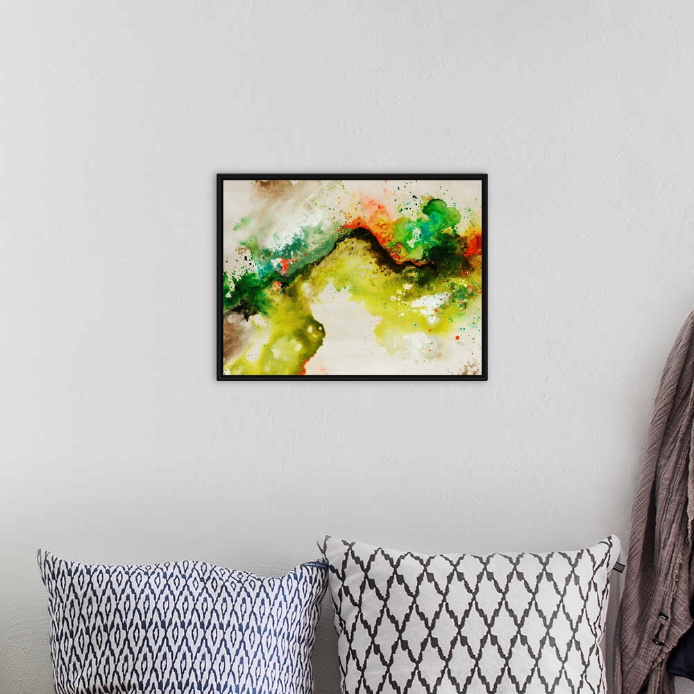 A bohemian room featuring Abstract painting of a fluid green line over a neutral background adorned with multi-color paint ...