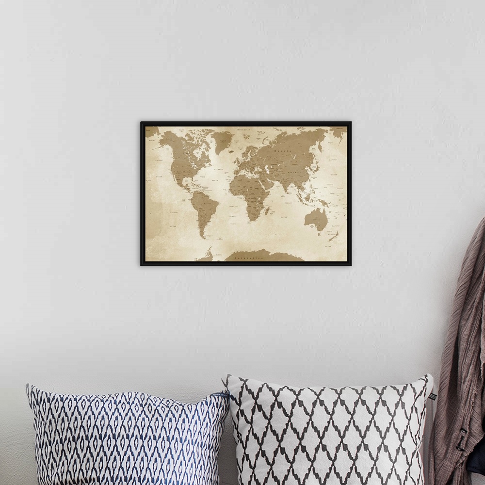 A bohemian room featuring Sepia toned map of the World with an antique look.