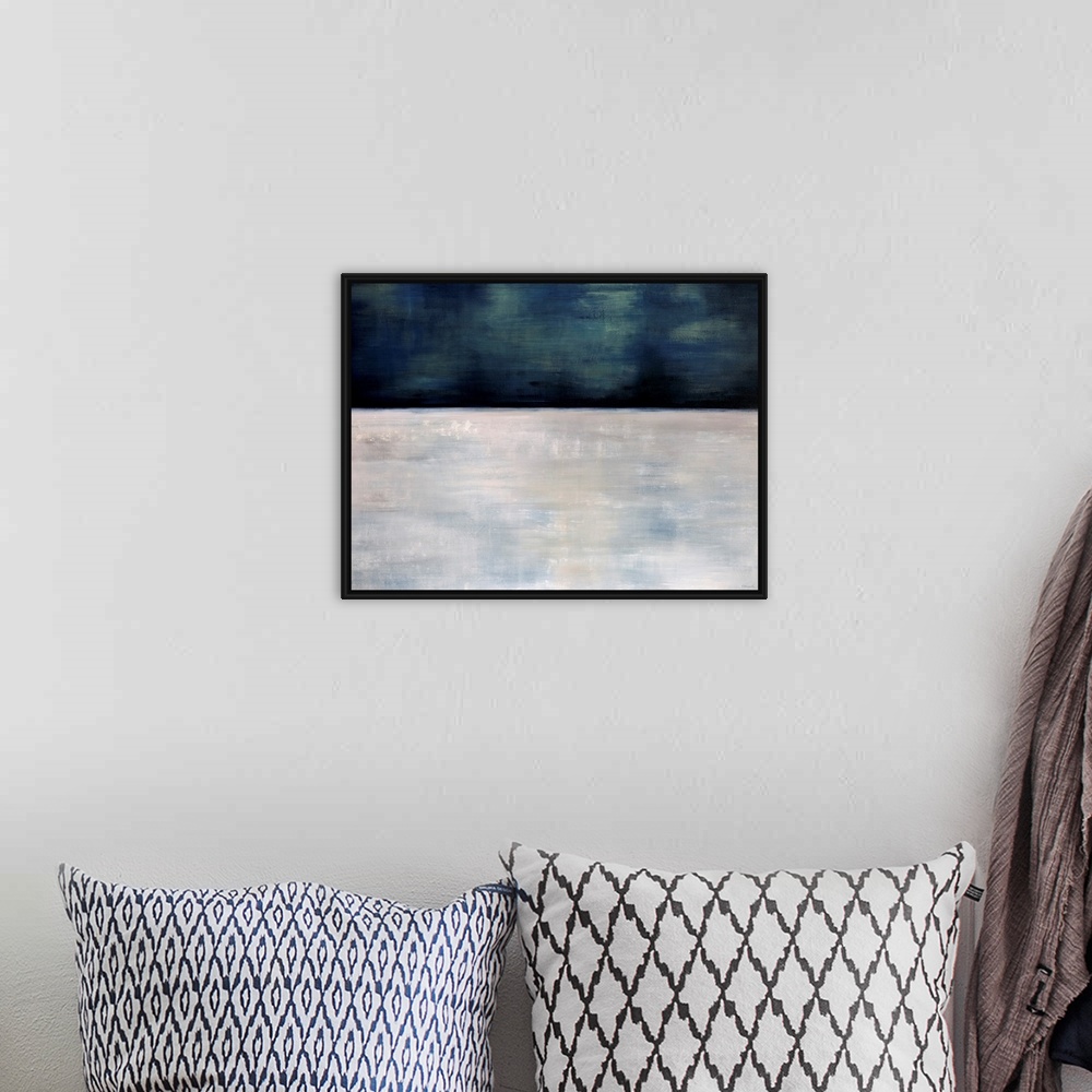 A bohemian room featuring This oversize wall art is an abstract landscape painting of snow and a starless sky.