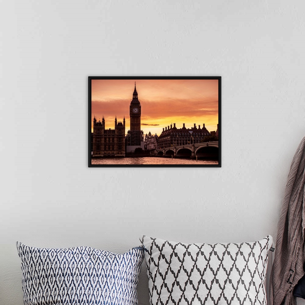 A bohemian room featuring View of Big Ben and Westminster Bridge at sunset in London, England.