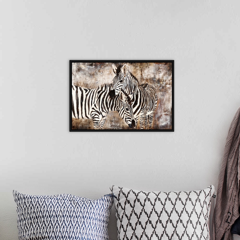A bohemian room featuring Contemporary portrait of two zebras embracing in front of an earth-toned background.
