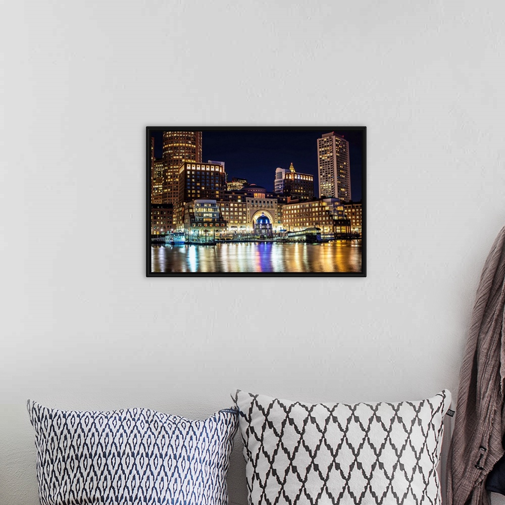 A bohemian room featuring View of Boston city skyscrapers and the Marina at Rowes Wharf.