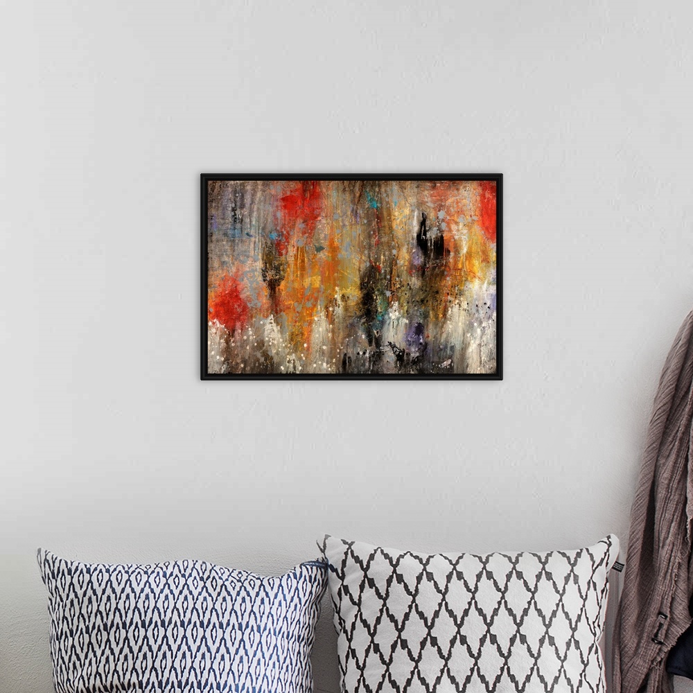 A bohemian room featuring Contemporary abstract painting reminiscent of a mysterious and hazy cave, done with splatters and...