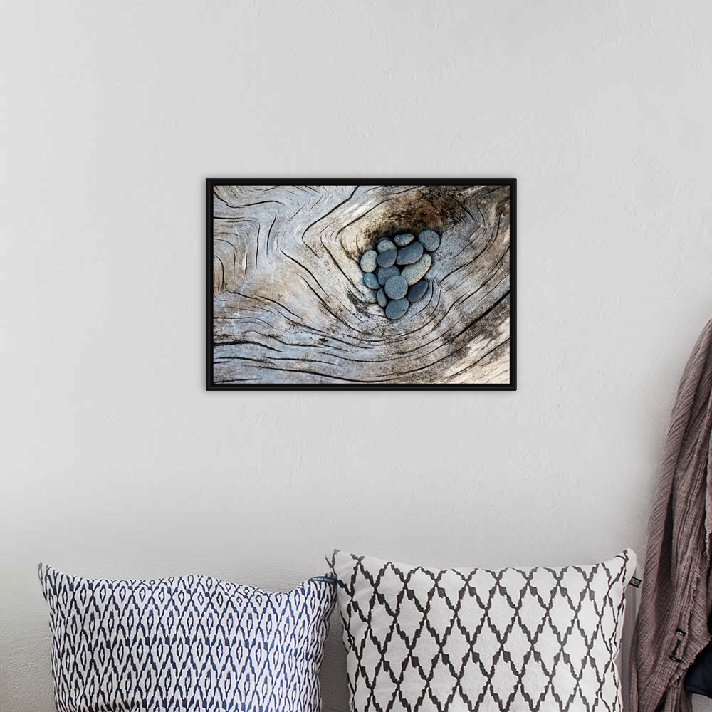 A bohemian room featuring Photograph of smooth rocks piled on top of a piece of driftwood on the pacific northwest coast.