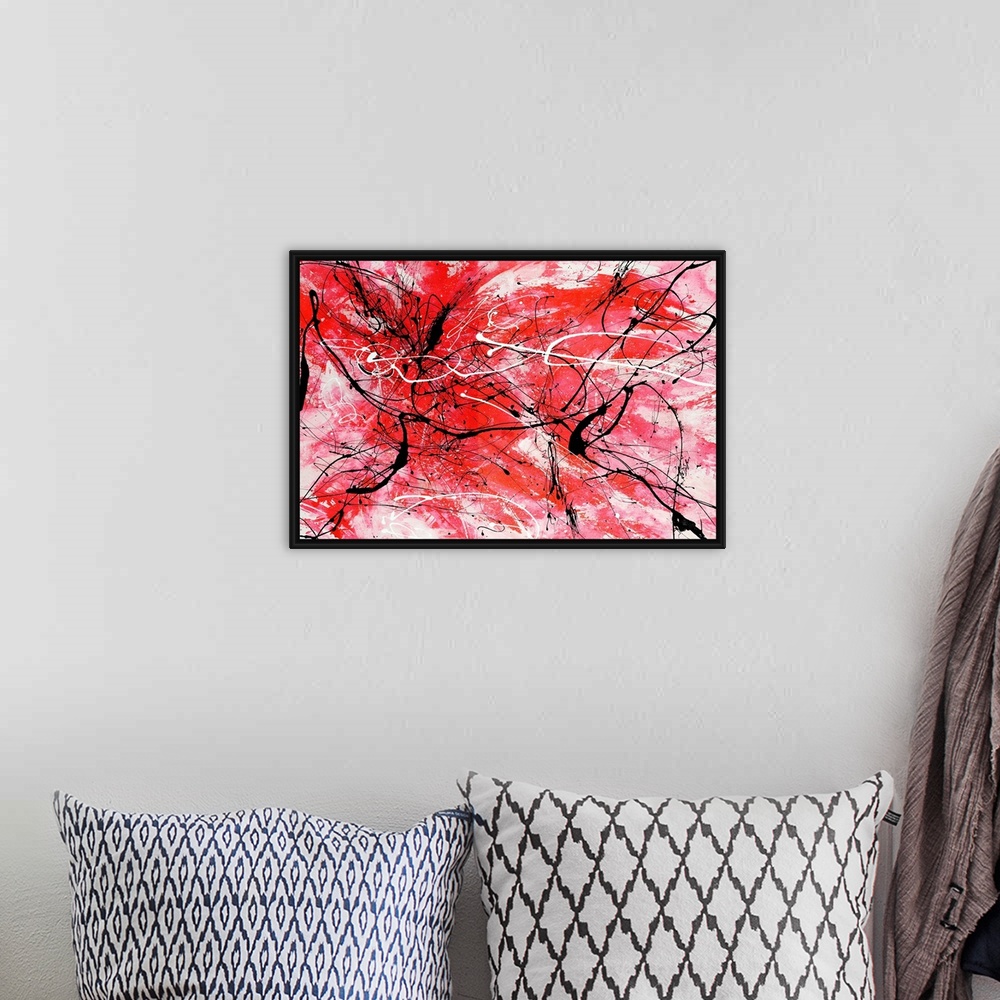 A bohemian room featuring Energetic contemporary painting of energetic red brushstrokes and sporadic black and white lines ...