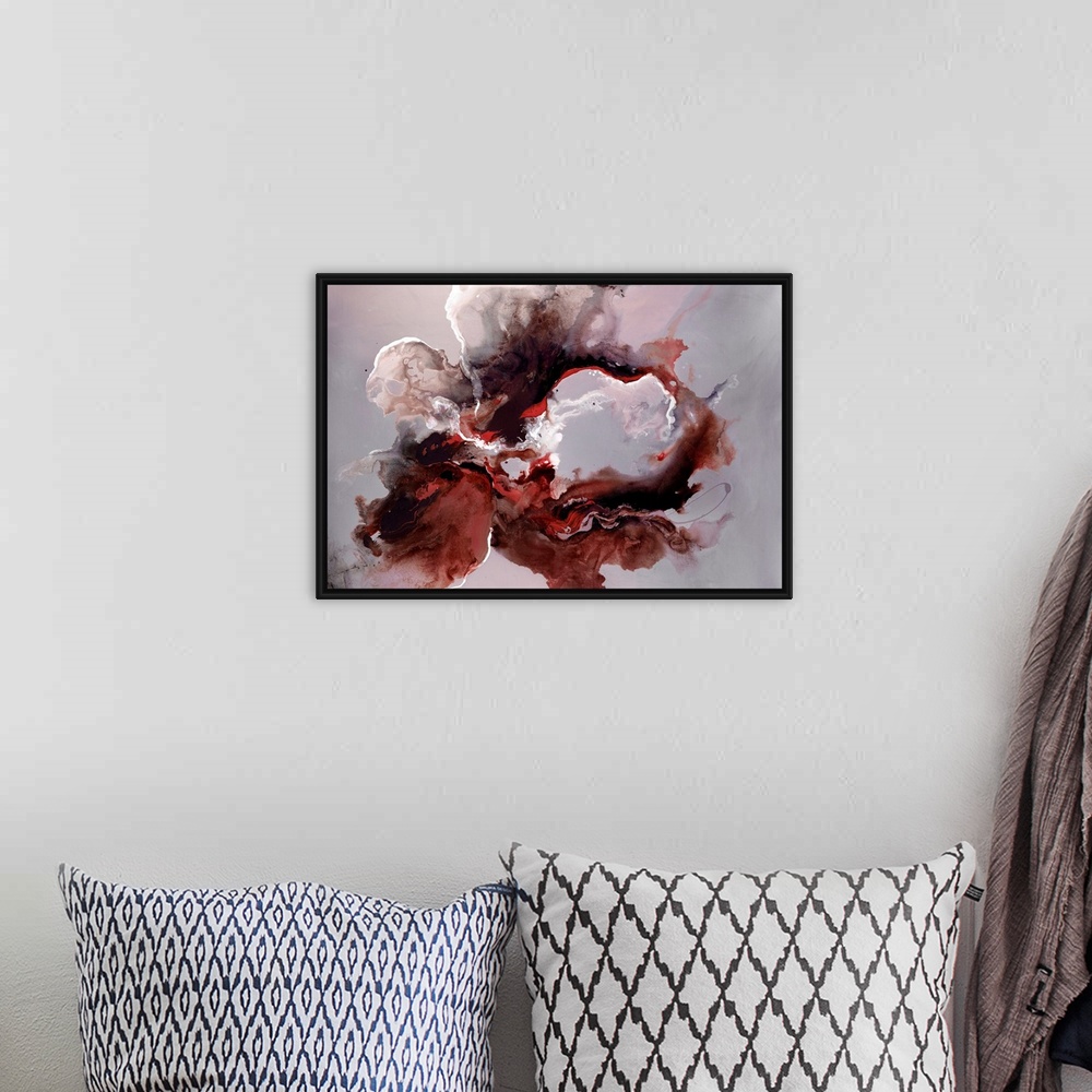 A bohemian room featuring Horizontal abstract wall art of bleeding wet paint forming amorphous wet shapes.