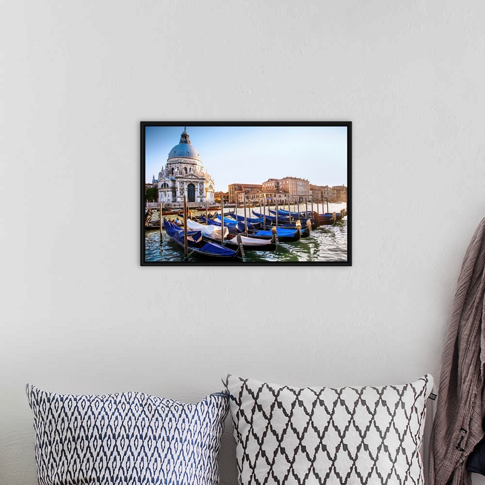 A bohemian room featuring Photograph of gondolas lined up in a row in front of Santa Maria della Salute, Venice, Italy, Europe