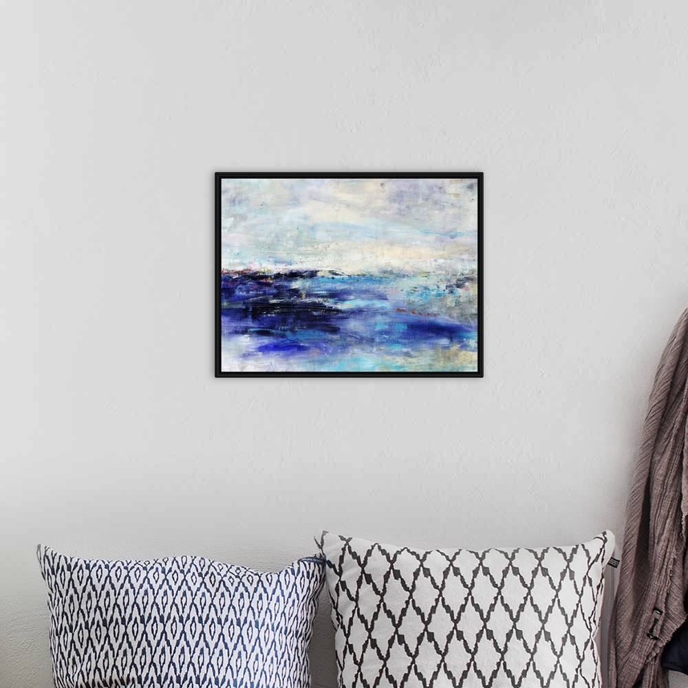 A bohemian room featuring Abstract painting of an island made up of large brush stroke textures.