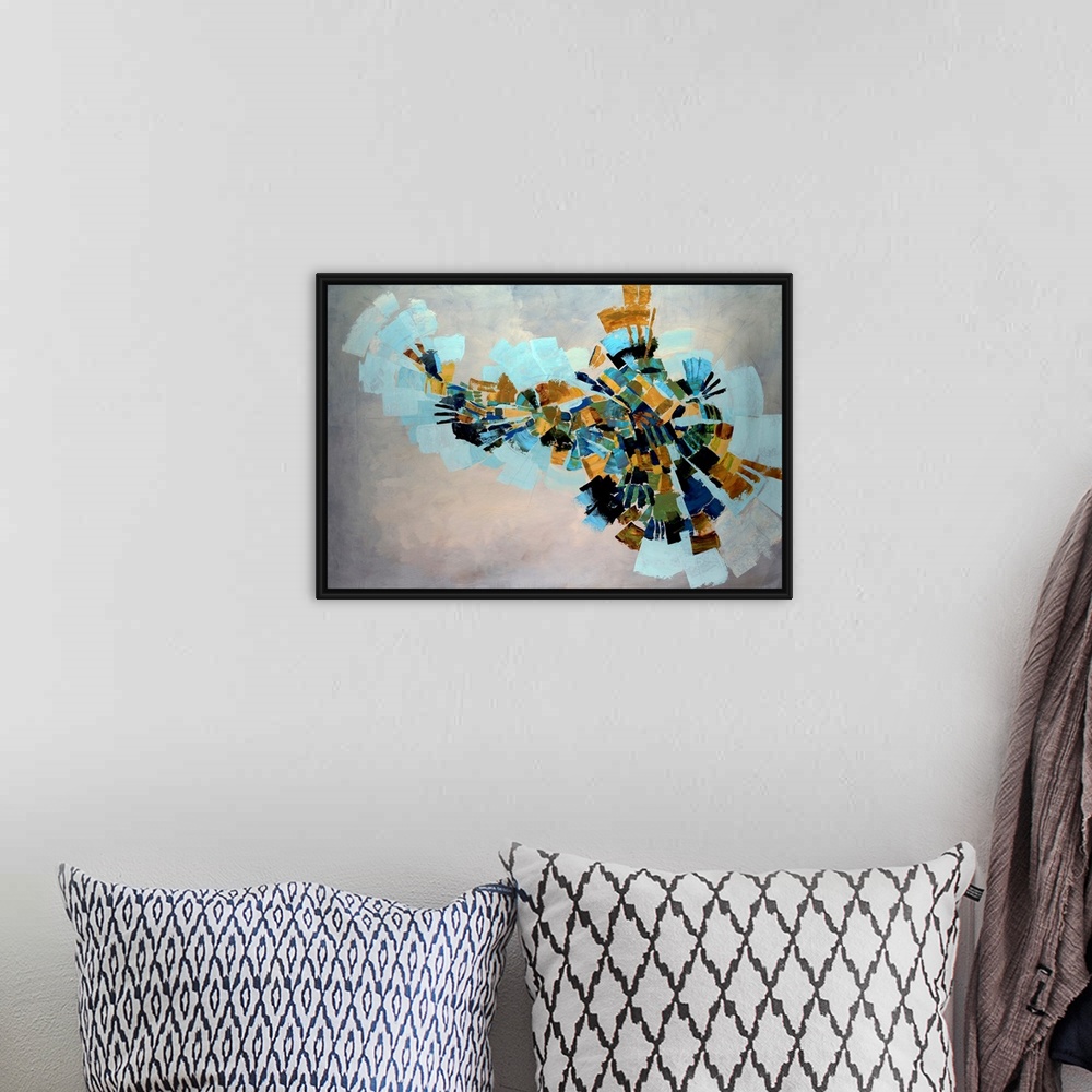 A bohemian room featuring Fan like shapes radiate outward in this abstract painting on a horizontal wall hanging for the of...